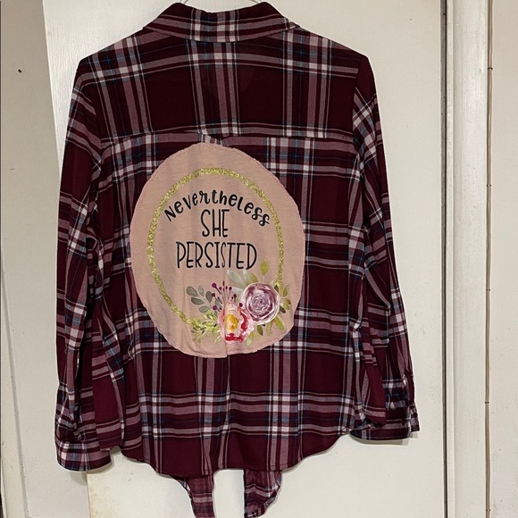 Justify Burgundy Plaid Top with Floral Patch - Picture 1 of 5